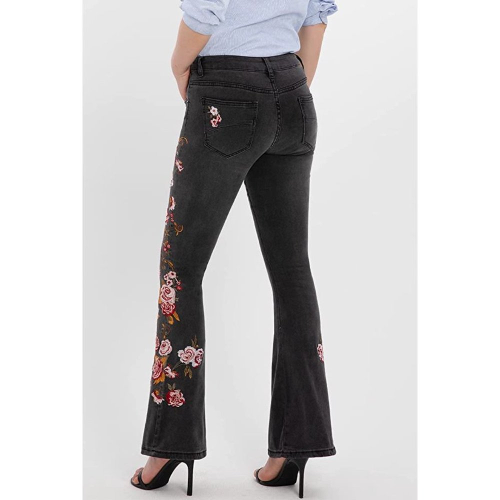 Gray Wash Floral Embroidered Patch High Waisted Flare Bell Bottom Denim Jeans - Picture 5 of 7